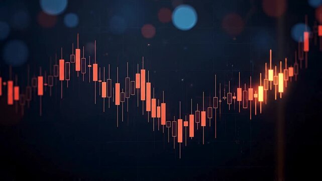 Stock market trading animation with red candlestick chart, price volatility, financial trend analysis, investment activity and digital fintech business intelligence background video
