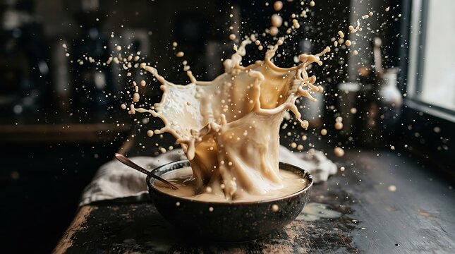 Dramatic splash of creamy coffee erupting from a ceramic bowl with a spoon dark moody food photography