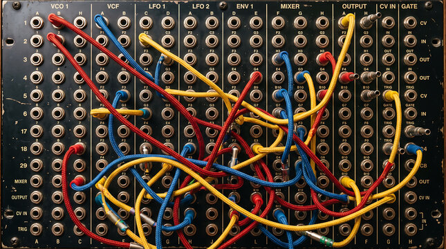 Vintage modular synthesizer patch bay with colorful braided cables plugged into jacks for analog electronic music production