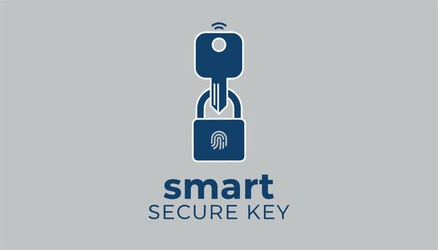 Smart secure key logo design showing a blue key over a padlock with a fingerprint scanner on a gray background.