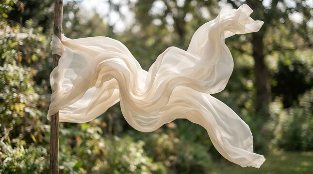 Flowing white fabric caught in the breeze on a wooden pole with a blurred green garden background