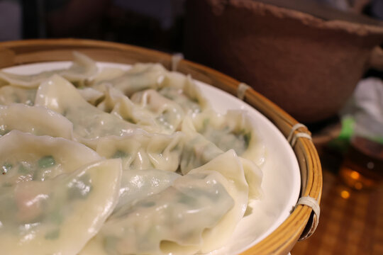 Steamed Chinese pork with chive dumplings served in a restaurant at Zhangjiajie city, Hunan Province of China