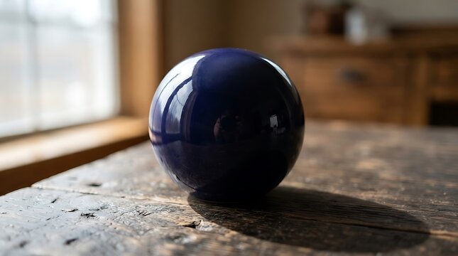 Still life composition featuring a polished dark blue glass orb resting on a weathered wooden surface near a window
