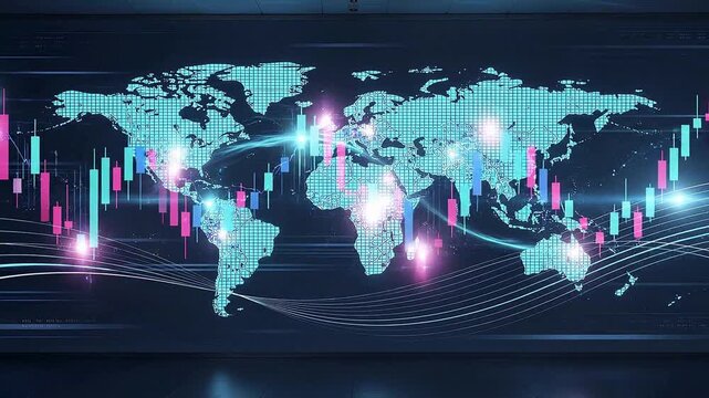Global stock market trading animation with world map visualization, financial candlestick charts, investment analytics, economic trends and digital fintech business intelligence background video