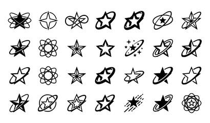 Obraz premium Set of black and white star icons with orbital rings and celestial design elements for graphic design projects