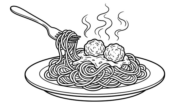 Spaghetti and meatballs line art, steaming pasta plate vector, italian food coloring page