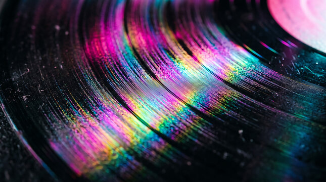 Macro Close Up of Retro Vinyl Record Grooves with Iridescent Rainbow Neon Light Reflection