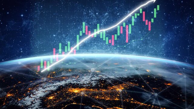 Explore the concept of financial growth with vibrant charts above Earth, representing the fusion of technology and investment in a visionary global economy. Copula