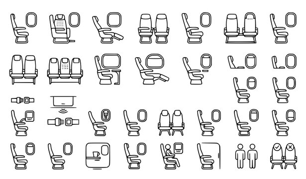 Set of airplane seat icons and aircraft cabin interior elements in a simple hand drawn doodle style