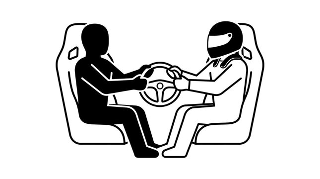 Black silhouette of two race car drivers inside a vehicle with a steering wheel on a white background