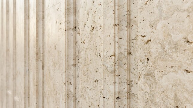Close up of textured travertine stone wall with vertical grooves and natural veining for elegant interior design backgrounds