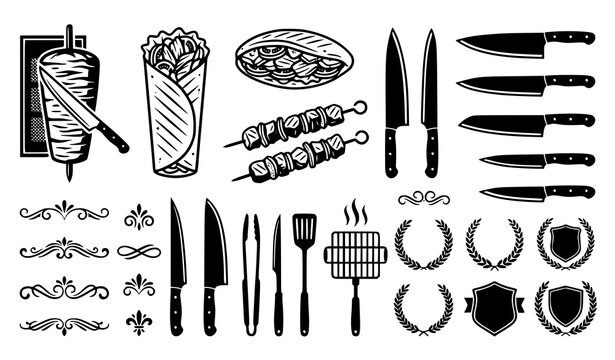 Set of black and white illustrations featuring doner kebab shawarma food items and professional kitchen cutlery tools
