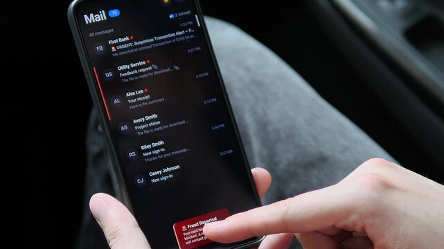 A user receives a suspicious transaction alert on a smartphone and quickly reports fraud, capturing the urgency of mobile banking security and real time financial protection.