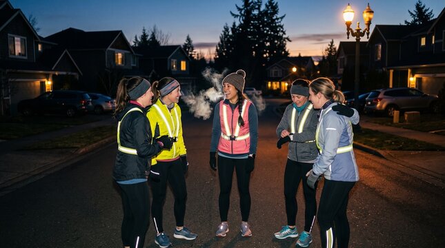 Five women exercising together on residential street at dusk in reflective athletic clothing and warm street lighting