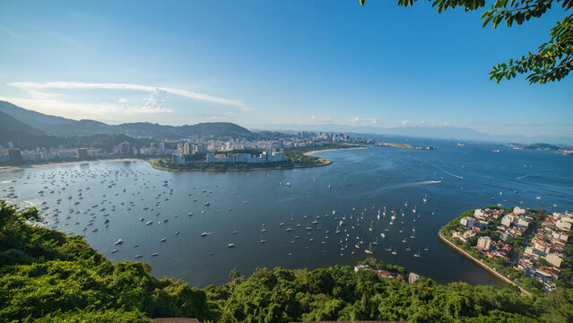 Panorama of Botafogo bay with hundreds of yachts in Rio de Janeiro, Brazil travel background with copy space