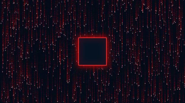 Red digital matrix rain background with a glowing square frame for technology concepts