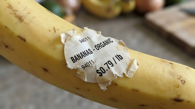 Close up of a ripe yellow banana with a partially peeled organic produce sticker displaying price per pound