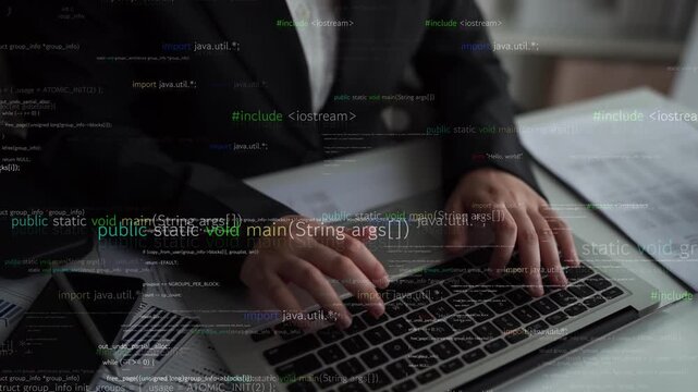 A programmer types on a laptop, immersed in Java code, amidst a backdrop of digital text. The scene reflects a modern workspace, emphasizing focus and technology. Xenic