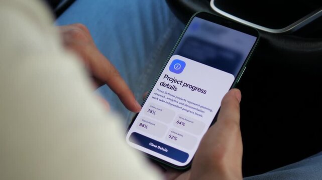Remote worker reviews mobile project progress and productivity metrics, reflecting the rise of flexible work, digital collaboration and data-driven performance tracking.