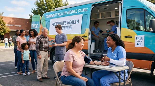 Community health mobile clinic providing preventive health screenings and free care to diverse families outdoors