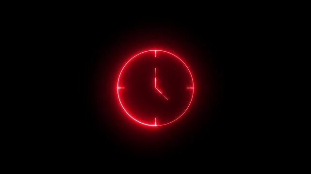Neon wall Clock animation. Animated clock icon isolated on black background. digital clock,  Analog and digital clock black background 4k video. wall clock timer .12 hour is going speedy .