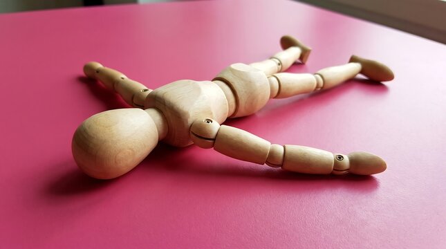 Wooden mannequin lying face down on pink surface, articulated artist doll in prone position, wooden figure representing exhaustion or failure