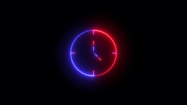 Glowing neon clock animation icon on black background.keyword,neon clock, digital clock,  Analog and digital clock black background 4k video. wall clock timer .12 hour is going speedy .