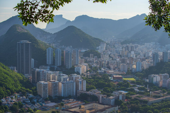 Rio de Janeiro cityscape with mountains and tropical hills, panoramic Brazil travel background with copy space