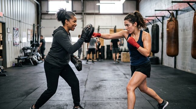 Athletic women practicing boxing together in industrial gym with punching bags and focused training energy