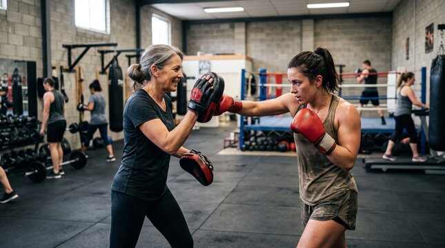 Women boxing training with coach in industrial gym during focused fitness workout