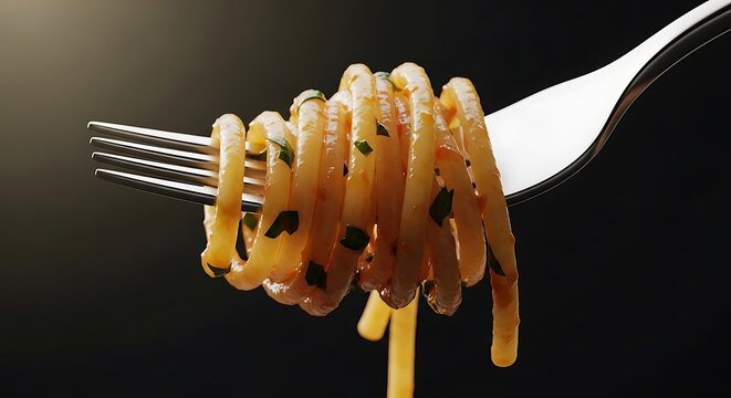 Fresh cooked spaghetti pasta noodles wrapped around a metal fork against a dark black background