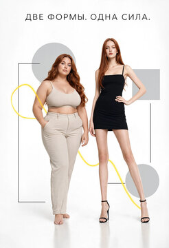 Two diverse women posing in studio, body positivity and fashion concept on white background