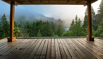 Fototapeta premium Wooden Porch Overlooking A Foggy Mountain Forest In The Pacific Northwest