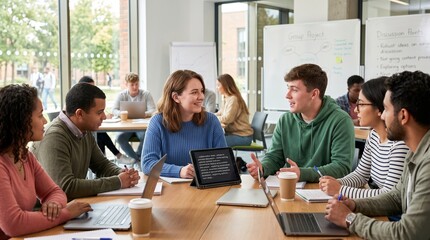 Fototapeta premium Diverse students collaborating around laptops and tablet during group project discussion in bright university classroom