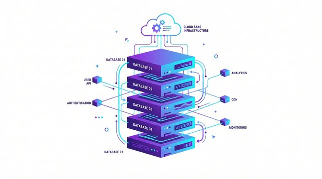 Isometric cloud database server stack illustration with connected API and analytics services