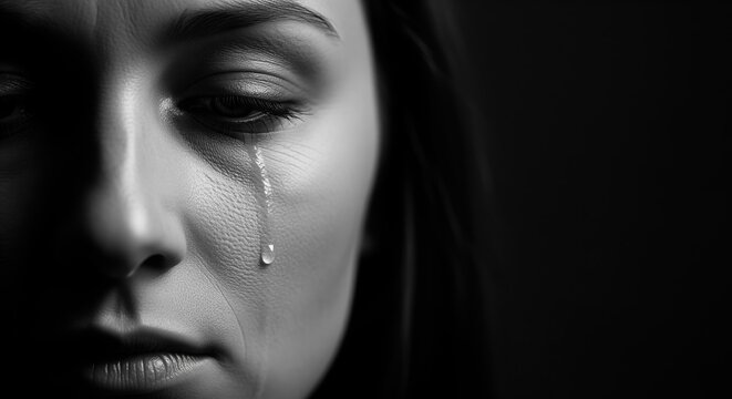 Black and white portrait of a woman with a tear on her cheek, eyes closed in contemplation. Dramatic lighting captures sadness and deep reflection. Ideal for mental health awareness.