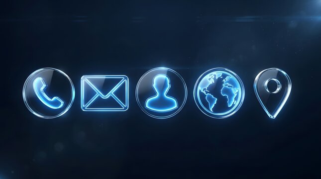 Icons representing contact methods and communication channels glow with a bright blue light against a dark background.
