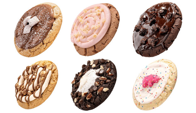Set of six gourmet cookies with various toppings including chocolate drizzle frosting and sprinkles presented as a PNG cutout with transparent background for versatile graphic design applications