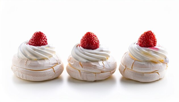 Breakfast Dessert Of Mini Pavlovas Topped With Cream Isolated On A White Background