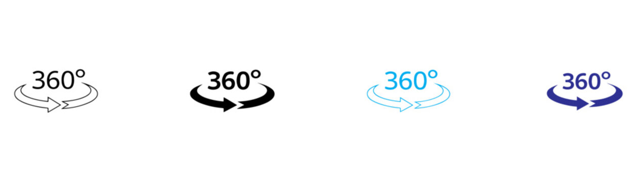 360 degree view icons set featuring angle, rotation, panoramic direction, and navigation symbols for design.