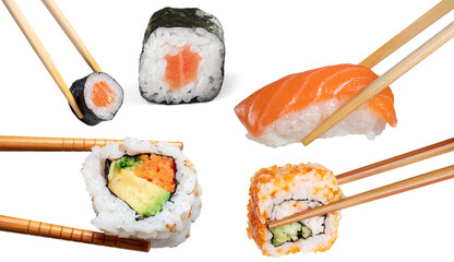 Assorted Japanese sushi rolls and salmon nigiri collection held with wooden chopsticks on a clean white background © Arslan saeed