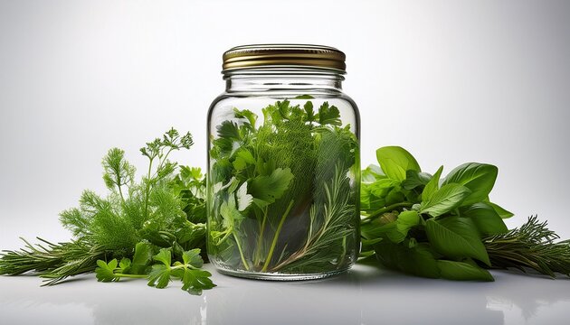 Fresh Green Herbs Arranged In A Glass Jar With A Lid On A White Background