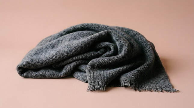 Folded gray cashmere throw blanket draped elegantly on neutral background for cozy home decor