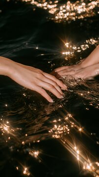 Hands touching dark water with glittering sun reflections