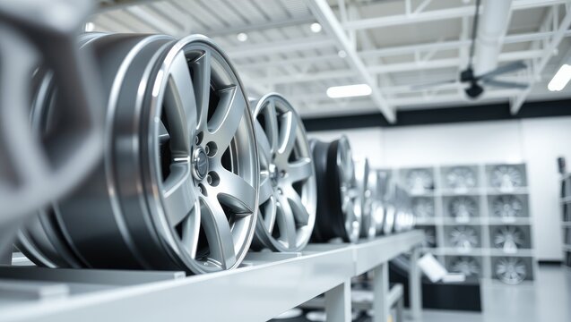 A row of modern alloy wheels lined up on storage shelves in a car service workshop. Auto parts retail store concept.