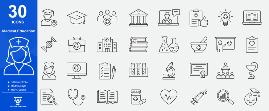 Medical Education's line style web icon. Medicine, college, student, learning, book, collection. Editable stroke. Vector illustration