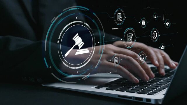 Futuristic digital law interface displaying justice scale, highlighting digital law, AI compliance, digital law systems, and digital law regulations for secure governance. Elide