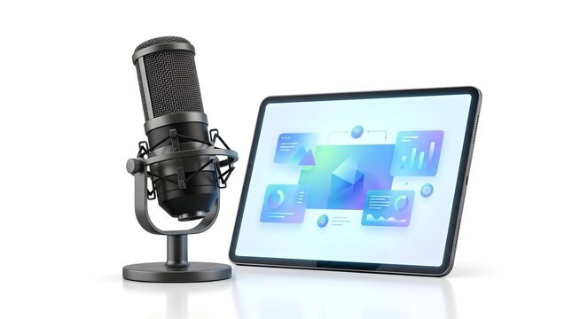 Microphone and Digital Tablet on White Background, Distance Learning EAD Object for Edtech Marketing