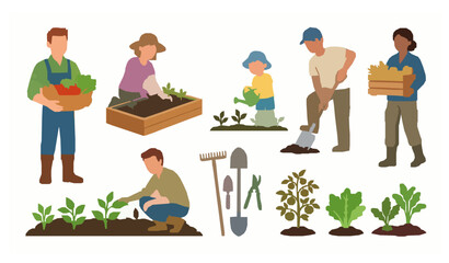 Fototapeta premium Organic Farming and Backyard Garden Workers Flat Vector Illustration Collection with People Growing Plants and Crops