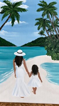 Mother daughter walking tropical beach vacation painting